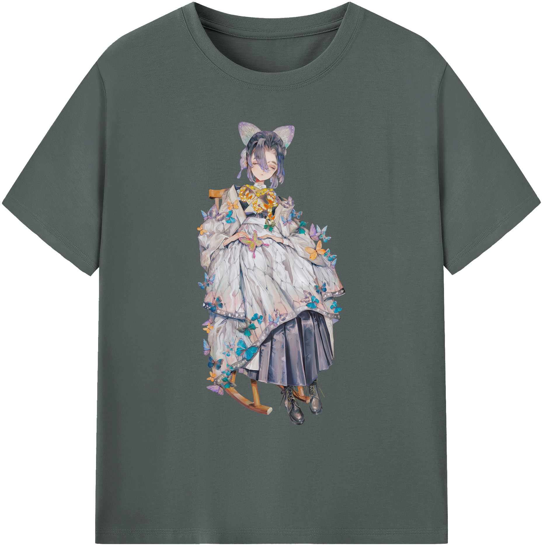 （画像用） 鬼滅の刃（きめつのやいば）蟲柱-胡蝶 しのぶ／こちょう しのぶ Kochou Shinobu 綿100％ メンズ半袖Tシャツ｜肌触りやわらか＆通気性